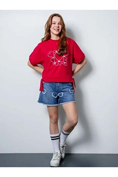 Zekids Pantaloni scurți din denim brodați cu inimă pentru fete