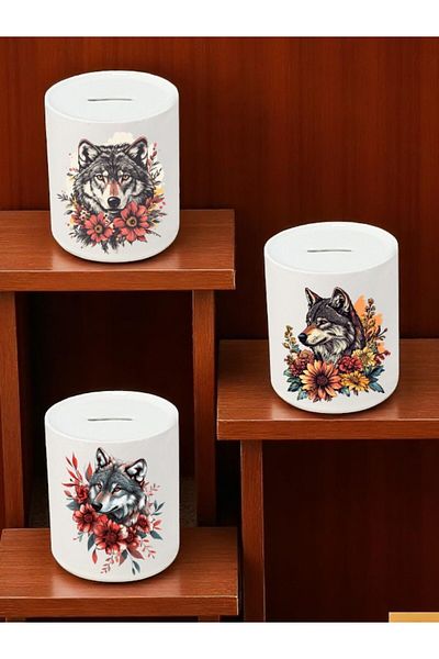 lili hediyelik Wolf and Flower Pattern Printed 3-Piece Ceramic Piggy Bank
