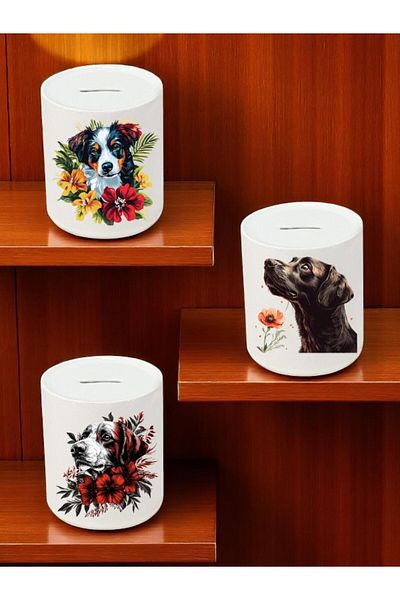 lili hediyelik Dog and Flower Pattern Printed 3-Piece Ceramic Piggy Bank