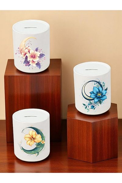 lili hediyelik Moon and Flower Printed 3-Piece Ceramic Piggy Bank