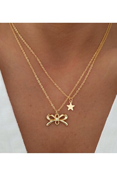 DENİZDENAL قلادة ريبون ستار الذهبية المزدوجة