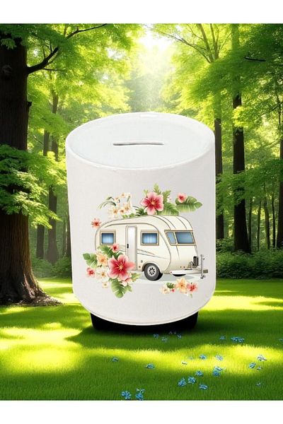 lili hediyelik Caravan and Flower Pattern Printed 3-Piece Ceramic Piggy Bank