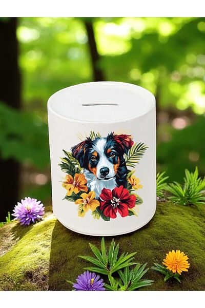 lili hediyelik Dog and Flower Pattern Printed 3-Piece Ceramic Piggy Bank
