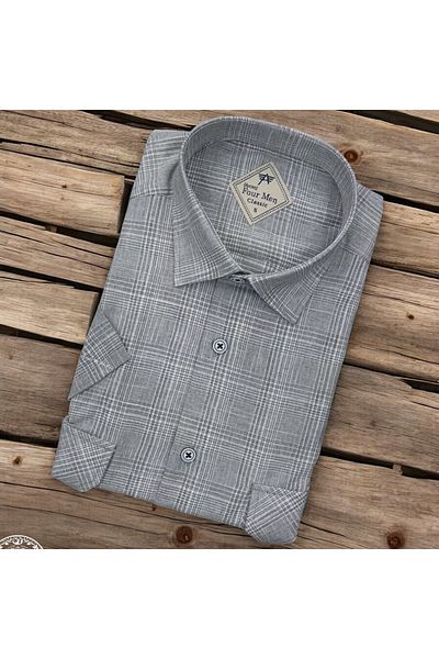 GÖMLEK GALERİSİ Men's Classic Loose Fit Double Pocket Plaid Linen Short Sleeve Shirt