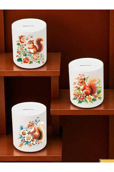 lili hediyelik Squirrel and Flower Pattern Printed 3-Piece Ceramic Piggy Bank