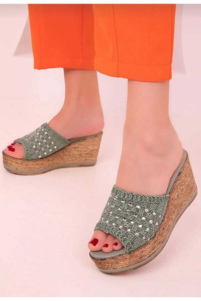 AYDOĞDU by ünal Green Stone Filled Sole Knitted Slippers -572