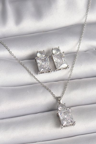 Skygo 316L Steel Silver Color Chain Square Zircon Stone Women's Necklace Earring Set - Tj-Bko9838