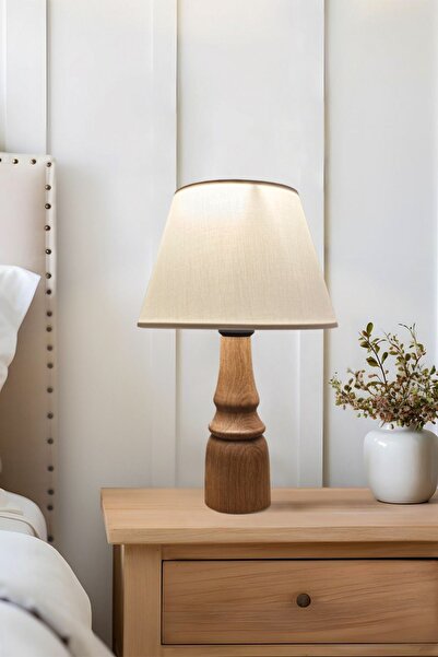 Genel Markalar Wooder Masif Ahşap Ayaklı Abajur Konik Krem Başlıklı Masa Lamb...