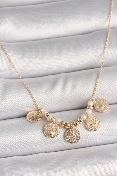 Skygo Brass Gold Color 5-Piece Ottoman Tuğra Figure Pearl Detail Women's Necklace - Tj-Bko9825