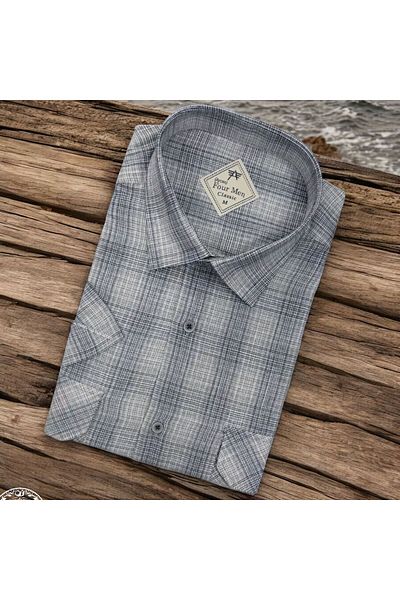 GÖMLEK GALERİSİ Men's Classic Loose Fit Double Pocket Plaid Linen Short Sleeve Shirt