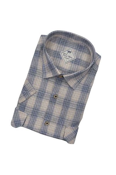 GÖMLEK GALERİSİ Men's Classic Loose Fit Double Pocket Plaid Linen Short Sleeve Shirt