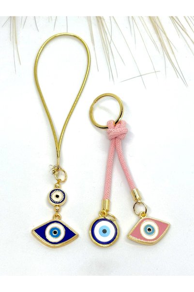 Azrua Navy Blue Eye Shaped Car Mirror Ornament, Car Charm and Pink Drawstring Eye Shaped Metal Keychain Set