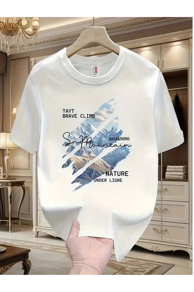SAVA Men's 100% high-quality cotton T-shirt,mountain print,breathable&stretchy fabric,regular fit