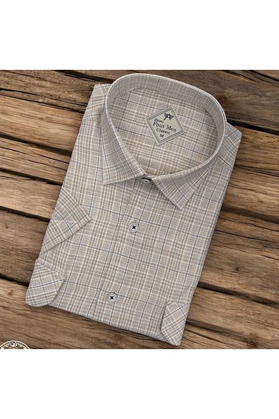 GÖMLEK GALERİSİ Men's Classic Loose Fit Double Pocket Plaid Linen Short Sleeve Shirt