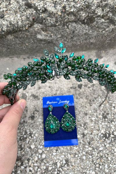 Hobigram Camilo Green Bridal Henna Crown Special Occasion Accessory Women's Crown and Drop Shuttle Earrings Set