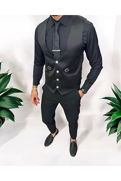 dehaine Men's vest, casual, glossy black, 13215, slim fit