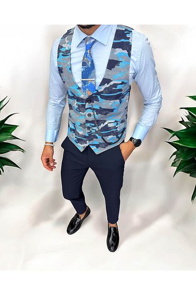 dehaine Men's vest, casual, blue camouflage 13220, slim fit