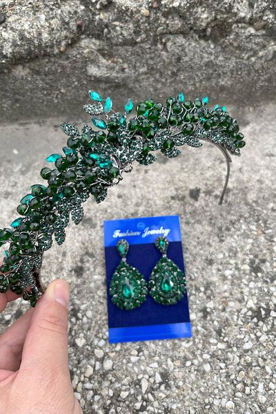 Hobigram Camilo Green Bridal Henna Crown Special Occasion Accessory Women's Crown and Drop Shuttle Earrings Set