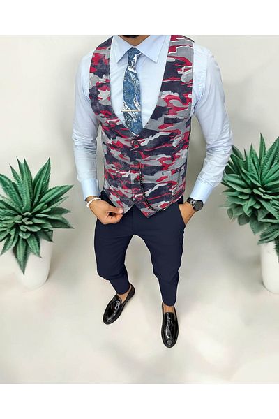 dehaine Men's vest, casual, red camouflage 13221, slim fit cut