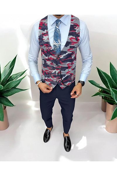 dehaine Men's vest, casual, red camouflage 13221, slim fit cut