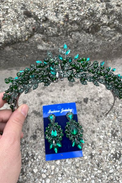 Hobigram Camilo Green Bridal Henna Crown Special Occasion Accessory Women's Crown and Three Shuttle Earrings Set