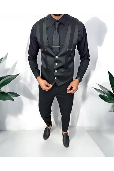 dehaine Men's vest, casual, glossy black, 13212, slim fit