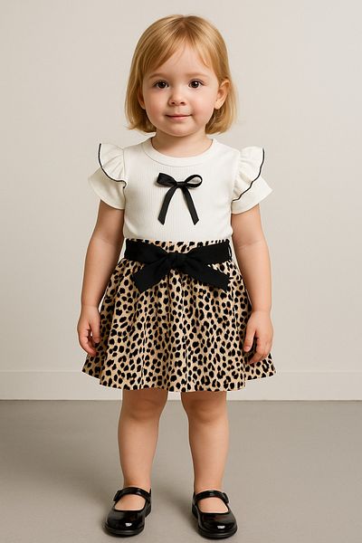 İdeal Misi Misi 744 Girl's Bow Leopard Print Skirt T-Shirt Double Set