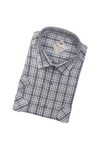 GÖMLEK GALERİSİ Men's Classic Loose Fit Double Pocket Plaid Linen Short Sleeve Shirt