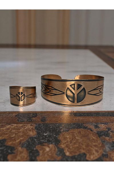 PrestigeSO Peace Symbol Copper Bracelet Ring Set Unisex Pure Copper Health Set