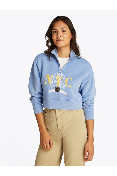 Tommy Hilfiger Women Sweet Blue Varsity Graphic Half Zip Sweatshirt