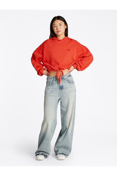 Tommy Hilfiger Tommy Hilfiger Women Bright Vermillion Logo Boxy Cropped Hoodie