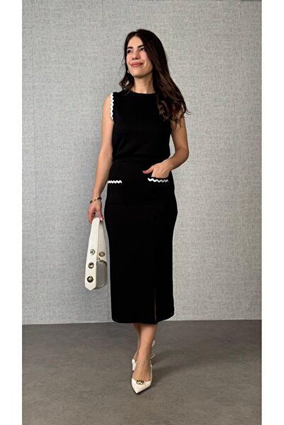 Ezel Glory Women's Modal Fabric Pocket Slit Detail Skirt Double Suit