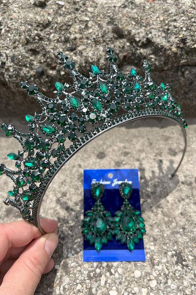 Hobigram Catalina Green Bridal Henna Crown Special Occasion Accessory Women's Crown and Wide Shuttle Earrings Set