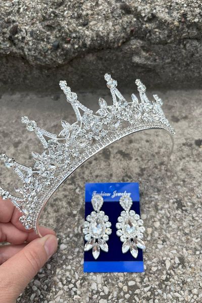 Hobigram Catalina Silver Bridal Henna Crown Special Occasion Accessory Women's Crown and Three Shuttle Earrings Set