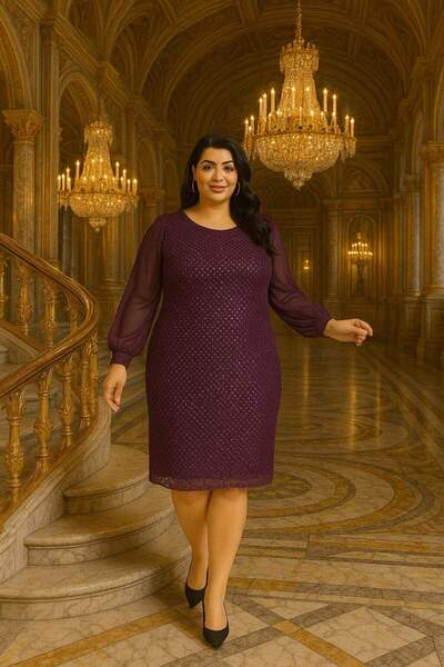 angelino butik Büyük Beden Mini Payet Mor Abiye Elbise KL3113