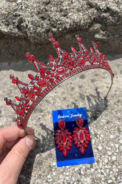 Hobigram Catalina Red Bridal Henna Crown Special Occasion Accessory Women's Crown and Thin Shuttle Earrings Set