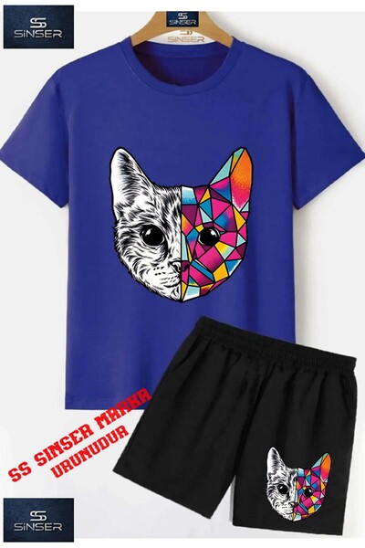 SS SİNSER Children's “Cat Geometric“ Special Printed Crew Neck T-Shirt - Shor...
