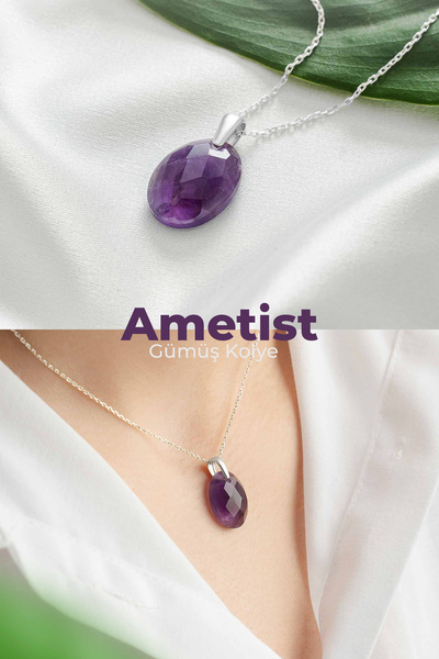 luxtone Ametist Gümüş Kolye Sertifikalı 925 Ayar Gümüş Doğaltaş Oval