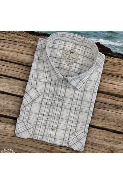 GÖMLEK GALERİSİ Men's Classic Loose Fit Double Pocket Plaid Linen Short Sleeve Shirt