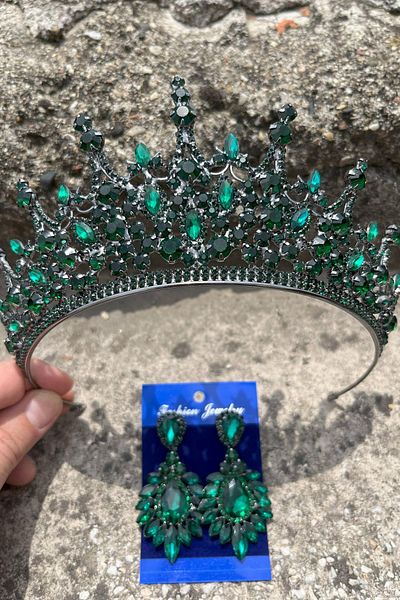 Hobigram Catalina Green Bridal Henna Crown Special Occasion Accessory Women's Crown and Wide Shuttle Earrings Set