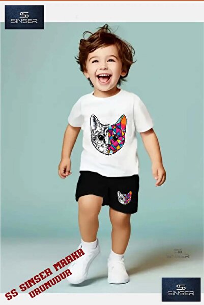 SS SİNSER Children's “Cat Geometric“ Special Printed Crew Neck T-Shirt - Shor...