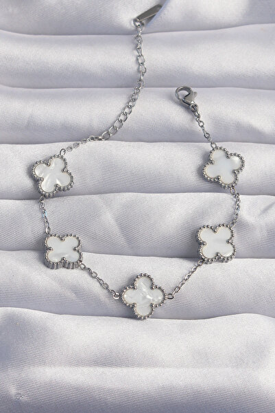 Angel Of Life 316L Steel Silver Color White Pearlescent Clover Bracelet - Tj-...