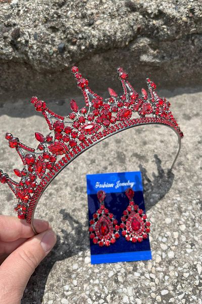 Hobigram Catalina Red Bridal Henna Crown Special Occasion Accessory Women's Crown and Drop Shuttle Earrings Set
