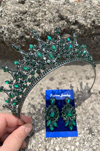 Hobigram Catalina Green Bridal Henna Crown Special Occasion Accessory Women's Crown and Three Shuttle Earrings Set