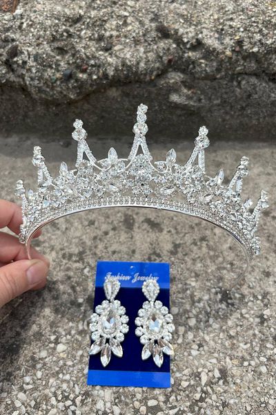 Hobigram Catalina Silver Bridal Henna Crown Special Occasion Accessory Women's Crown and Three Shuttle Earrings Set