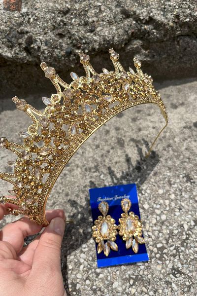 Hobigram Catalina Gold Bridal Henna Crown Special Occasion Accessory Women's Crown and Three Shuttle Earrings Set