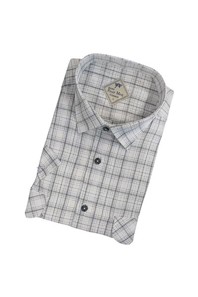 GÖMLEK GALERİSİ Men's Classic Loose Fit Double Pocket Plaid Linen Short Sleeve Shirt