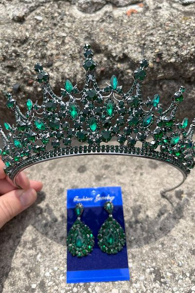 Hobigram Catalina Green Bridal Henna Crown Special Occasion Accessory Women's Crown and Drop Shuttle Earring Set