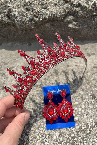 Hobigram Catalina Red Bridal Henna Crown Special Occasion Accessory Women's Crown and Wide Shuttle Earrings Set