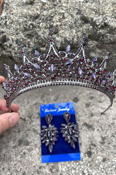 Hobigram Catalina Purple Bridal Henna Crown Special Occasion Accessory Women's Crown and Thin Shuttle Earrings Set